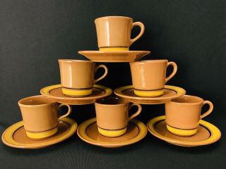 Vtg Stangl Pottery Red Stoneware Set Of 6 Tea Cups & Saucers “yellow Flowers”