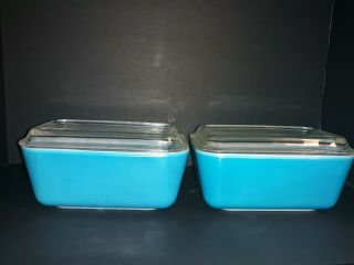 Vtg Pyrex Horizon Blue Refrigerator Dishes 502 W/ Glass Lids Set Of 2