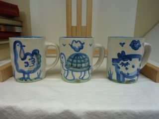 Hadley Pottery: Three Coffee Cups,  Turtle,  Turkey And Piggy.  Message In Bottom