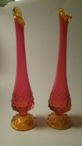Fenton Glass Red Orange Amberina Hobnail Footed Bud Vases (pair) Tall 10 1/2 "