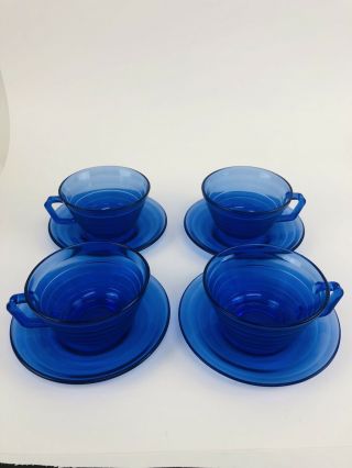 Hazel Atlas Moderntone Cobalt Blue Cup And Saucer Set Of 4 Depression Glass 8pc