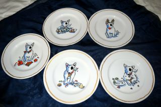 Williams & Sonoma Trouble Bull Terrier Set Of (5) Holiday Dessert Plates 7 - 3/4”