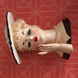Vintage Planter Head Vase Lady Hand/ Eyelashes/ Pearls/ Hat 1950 