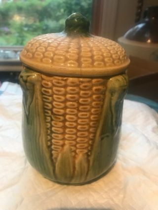 Antique Shawnee Corn King Covered Canister Rare Primitive Brush Mccoy Pottery