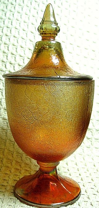 Vintage Imperial Marigold Carnival Glass 8 " Crackle Candy Dish W/ Lid Pedestal