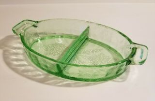 Vintage Green Vaseline Glass Relish Divided Dish