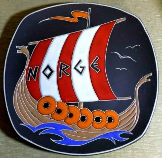Vintage Awf Halden Wall Plate Plaque Enameled Viking Boats Norway Norge 1008
