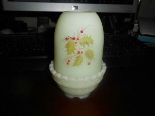 Vintage Fenton X - Mas Art Glass Fairy Light Candle Holder Yellow W/ Holly Signed