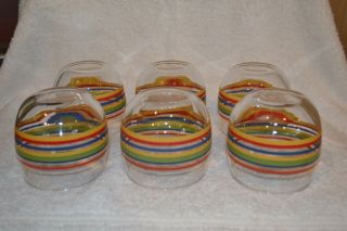 Vintage Set Of 6 Fat Belly Rainbow Stripes Rings Retro Drinking Glasses 3 " Tall