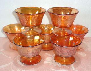 Federal Glass Normandie 7 Sherbet Cups Footed Marigold Carnival Lattice Bouquet
