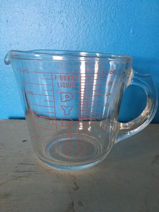 Vintage Pyrex Measuring Cup Red Lettering 4 Cup 1 Quart No Metric Good Usa