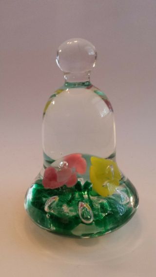 VINTAGE JOE ST.  CLAIR BELL SHAPED GLASS PAPERWEIGHT Trumpet Flowers PINK BLUE 2