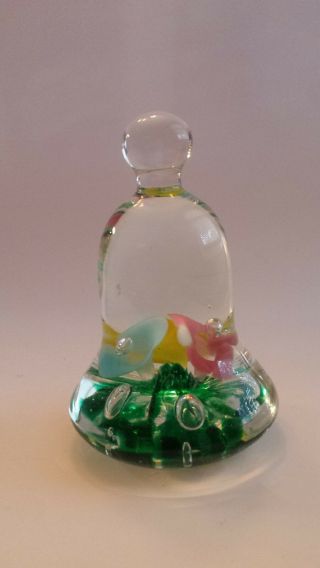 VINTAGE JOE ST.  CLAIR BELL SHAPED GLASS PAPERWEIGHT Trumpet Flowers PINK BLUE 5