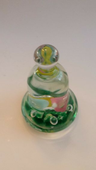 VINTAGE JOE ST.  CLAIR BELL SHAPED GLASS PAPERWEIGHT Trumpet Flowers PINK BLUE 6