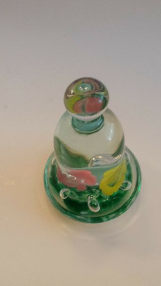 VINTAGE JOE ST.  CLAIR BELL SHAPED GLASS PAPERWEIGHT Trumpet Flowers PINK BLUE 7