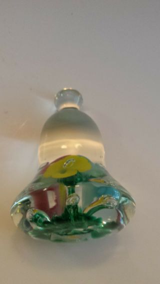 VINTAGE JOE ST.  CLAIR BELL SHAPED GLASS PAPERWEIGHT Trumpet Flowers PINK BLUE 8