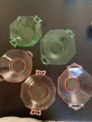 Pink And Green Depression Glass Octagon Bowl With Handles Five Total Bowls