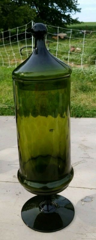 13 " Vtg Apothecary Jar Glass Footed Compote Mcm Quilted Green