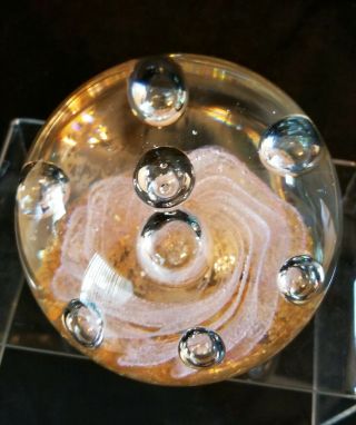 Vintage Dynasty Gallery Art Glass Paperweight - Pink Rose,  Gold Flakes,  Bubbles