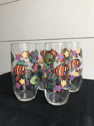 Vintage Libbey Tumbler Drinking Glasses Colorful Tropical Fish Set Of 4