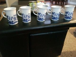 5 Church Hill Blue Willow Porcelain Tall Tea / Coffee Mugs Made In England 8oz