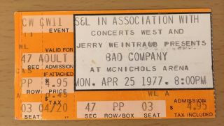 1977 Bad Company Denver Concert Ticket Stub Burnin 