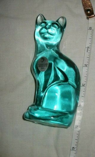 Vintage Fenton Cat Figurine Glass Teal Green Blue
