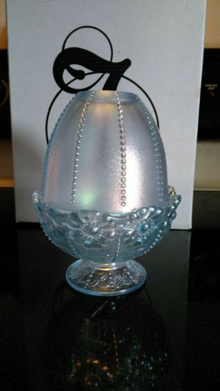 Vintage Fenton Glass Fairy Lamp Blue Opalescent Beaded Button & Daisy