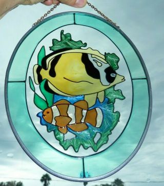 Vintage Stained Glass Suncatcher Fish Nemo Aquarium Oval Hanging W/ Chain 7 "