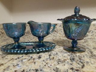 Indiana Blue Grape Harvest Carnival Glass Iridescent Lace Top Candy Dish &.