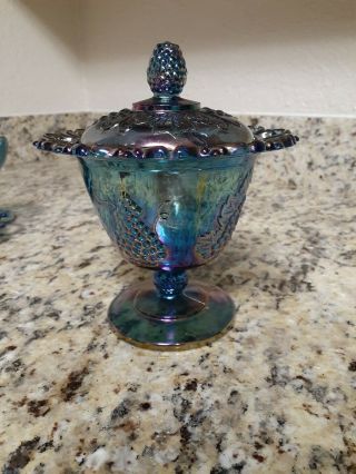Indiana Blue Grape Harvest Carnival Glass Iridescent Lace Top Candy Dish &. 2