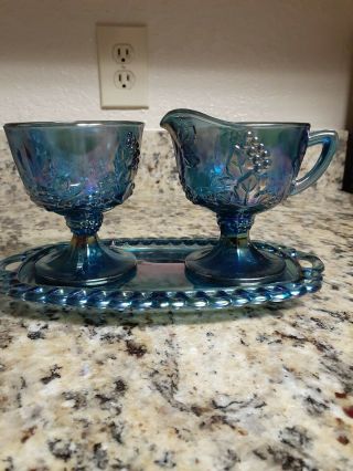 Indiana Blue Grape Harvest Carnival Glass Iridescent Lace Top Candy Dish &. 3