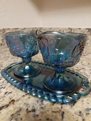 Indiana Blue Grape Harvest Carnival Glass Iridescent Lace Top Candy Dish &. 4