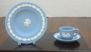 Wedgwood Miniature Blue And White Plate,  Cup,  And Saucer With Stand