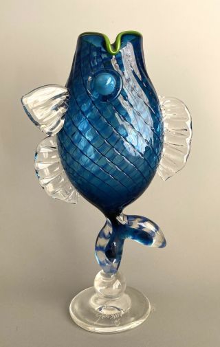 Vintage Signed Optic Blue Art Glass Fish Vase