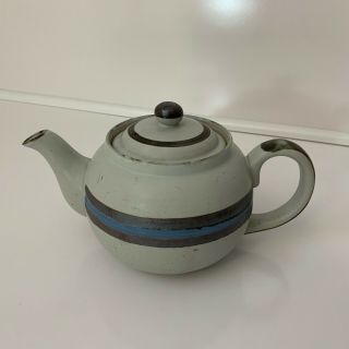 Otagiri Horizon Teapot - - Vintage Gray Japanese Stoneware - - Blue & Brown Bands