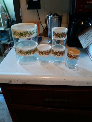 5 Pyrex Spice Of Life Canisters Glass Container W Lids & Seals 1 Gemco Vintage