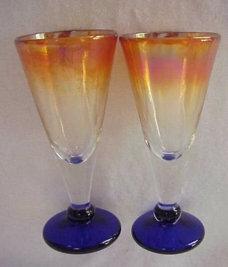 (2) Vintage Signed Rick Strini Art Glass Iridescent Gold & Cobalt Wine Goblets