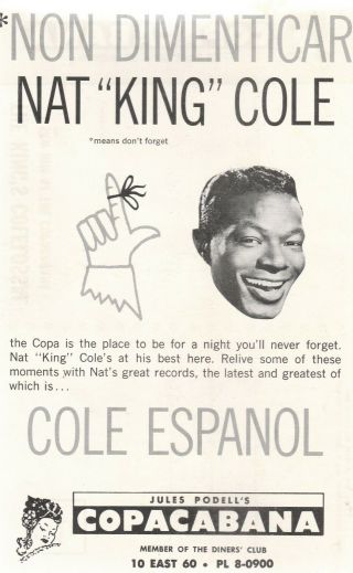 Nat King Cole Vintage Copacabana Ad Postcard - " Non Dimenticar "