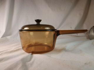 Vintage Corning Pyrex Vision Ware 1.  5 L Amber Glass Pot Sauce Pan With Lid U.  S.  A