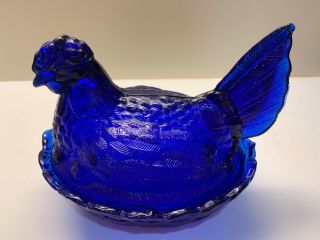 Lg Wright Cobalt Blue Glass Hen On Nest Split Tail