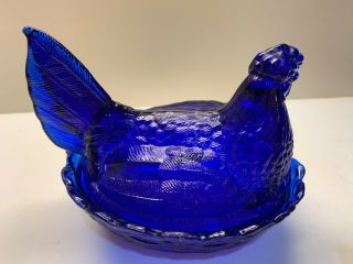 LG Wright Cobalt Blue Glass Hen on Nest Split Tail 2