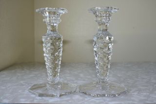 3 Pc Vintage FOSTORIA AMERICAN CUBE Elegant Glass Candlesticks & Ice Bucket 2