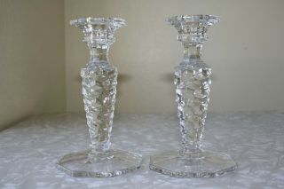 3 Pc Vintage FOSTORIA AMERICAN CUBE Elegant Glass Candlesticks & Ice Bucket 3