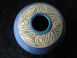 Pottery Vase Arts And Crafts Blue An Cream Carved Wave Pattern Vtg Bowl