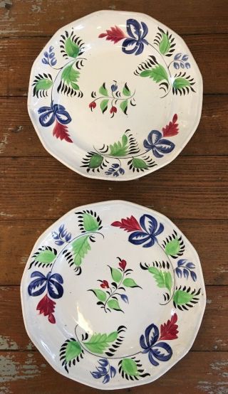 Pair Antique Staffordshire Stick Spatter 12 Sided Stoneware Plates 8.  5”
