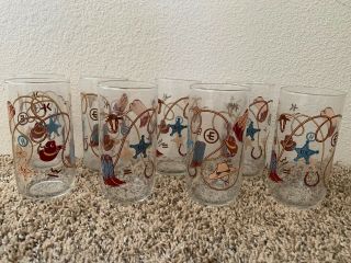 Set Of 8 Vintage 1960’s Western Themed Libbey Glasses Cattle Brands Cowboy Boots