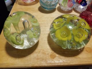 2 Vintage Joe St.  Clair Paperweights With Green & Yellow Flowers