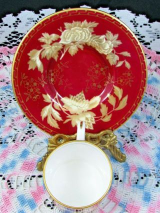 WEDGEWOOD TONQUIN RUBY RED GOLD GILT FLORAL CAN STYLE CUP AND SAUCER 3