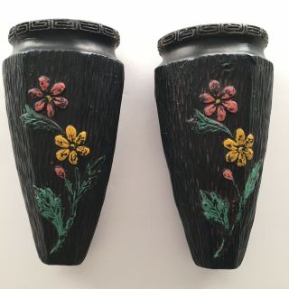 2 Vintage Japanese Tokanabe Floral Wall Pocket Vases Made In Japan